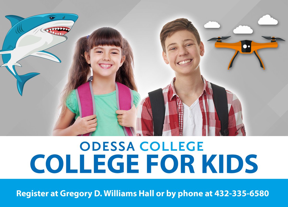 OdessaCollege's tweet photo. May 30th is the last day to register for College for Kids!

Classes include: Science Camp, Pottery/Ceramic Arts  (All Day), Culinary Camp, Art and Math Course Projects, Drone/Fab Lab Camp (All Day). https://t.co/B4BiZKmwGt