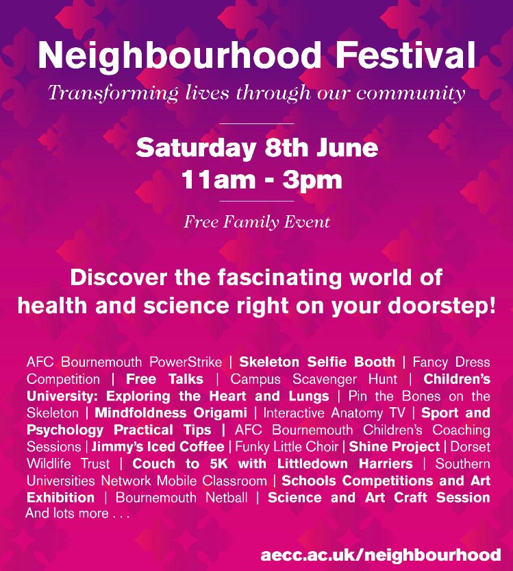 HealthSciUni's tweet image. Are your children and little ones interested in science, sport or keeping healthy? There’s lots of free interactive activities at our Neighbourhood Festival to inspire and delight! 🤸🏼‍♀️🥇 Find out more: aecc.ac.uk/neighbourhood #Dorset #Bournemouth #Southbourne #Boscombe #Community
