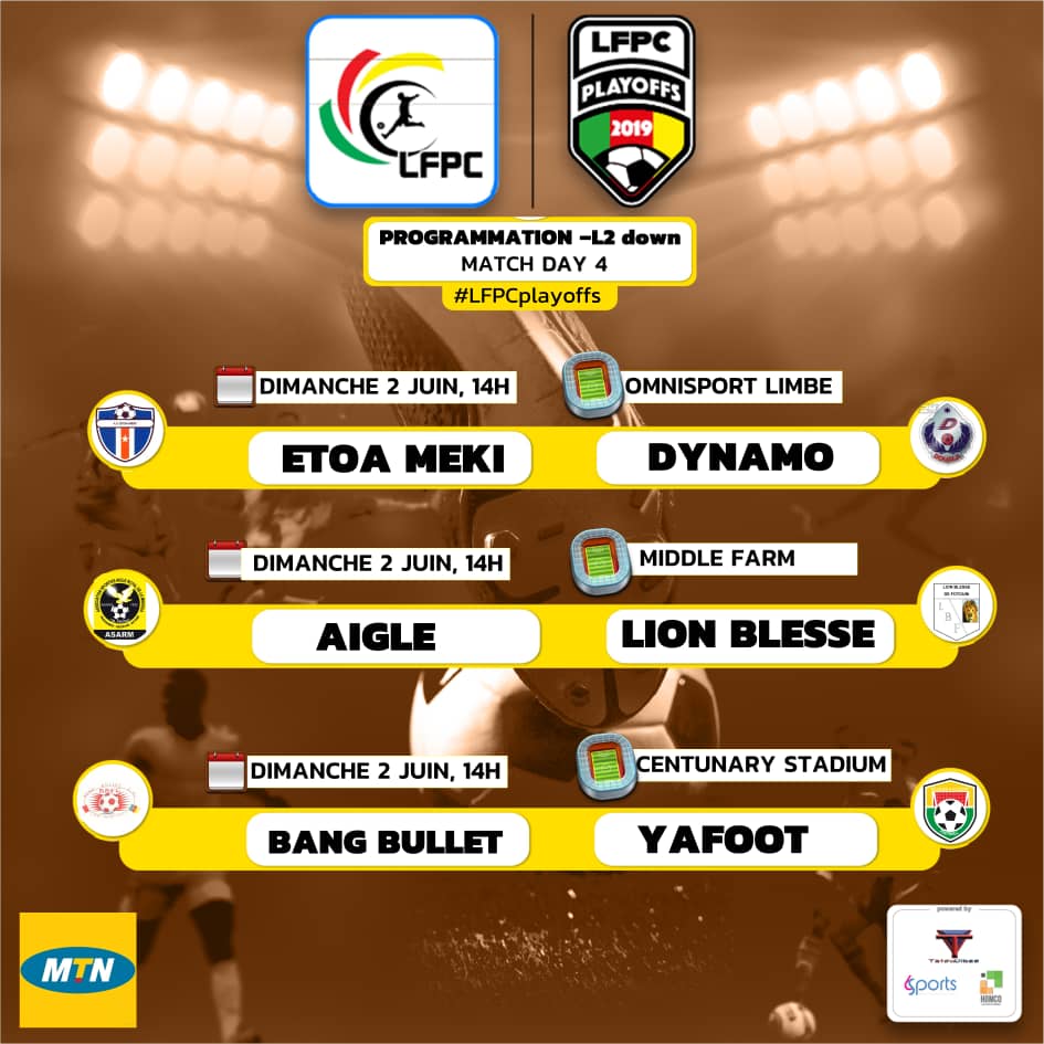 KamerfootTeam's tweet photo. #LFPC
#LFPCplayoffs
#L2TOP & #L2DOWN
Programmation des matchs de la 4ème journée ce week-end. Samedi 1er et Dimanche 02 Juin 2019.
@lfpc_fr https://t.co/NTj322lpG4
