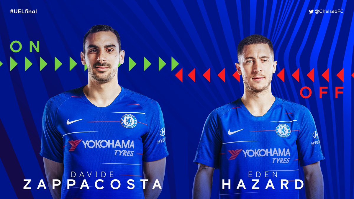 ChelseaFC's tweet photo. What a performance, @HazardEden10! 😍

On comes Zappacosta for the closing stages.

🔵 4-1 🔴 [89']  #UELfinal https://t.co/yRh8cDbTvI