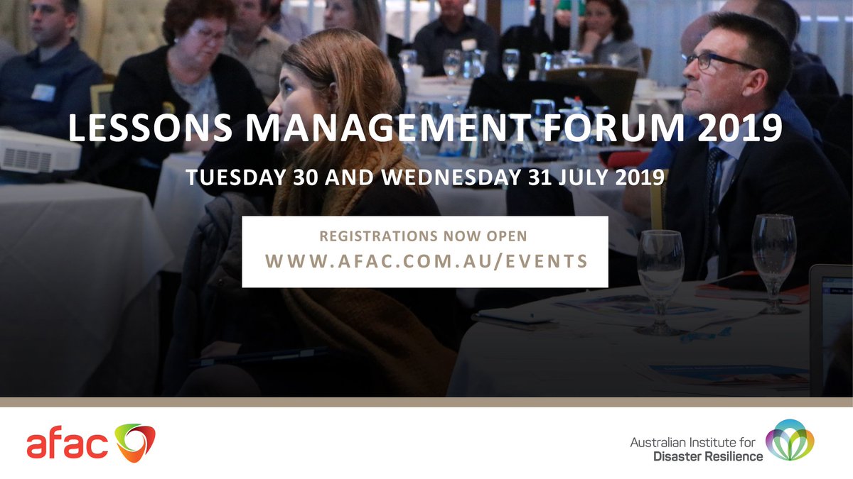 AIDR_News's tweet photo. The program has just been launched for the 2019 Lessons Management Forum. Join us in Sydney with @AFACnews and hear from practitioners, researchers and industry experts as they share their insights on learning from past experiences and preparedness. https://t.co/YUO1koWjn6 https://t.co/c0OLdfTvfH