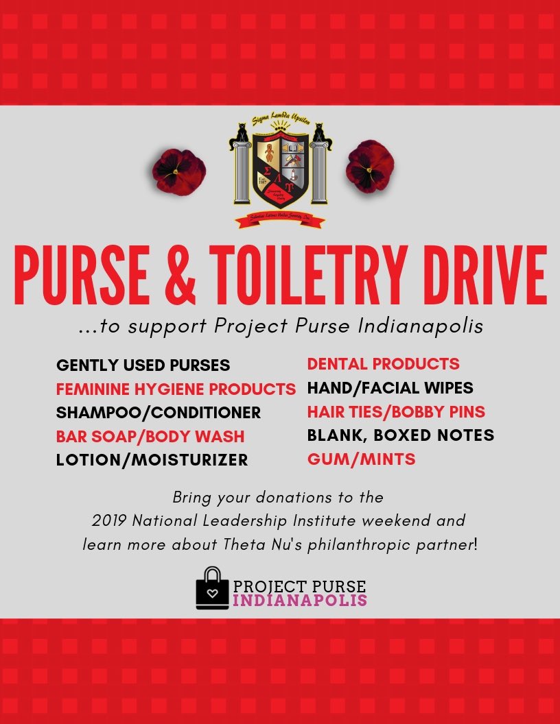 The Theta Nu Graduate/Professional Chapter will be hosting a purse and toiletry drive throughout June to benefit Project Purse Indianapolis. ❣️👜 Participate directly at this year’s National Leadership Institute! 
sigmalambdaupsilon.org/NLI#CS%20Event

#SeñoritasLead #Service #ΣΛΥ #NLI2019