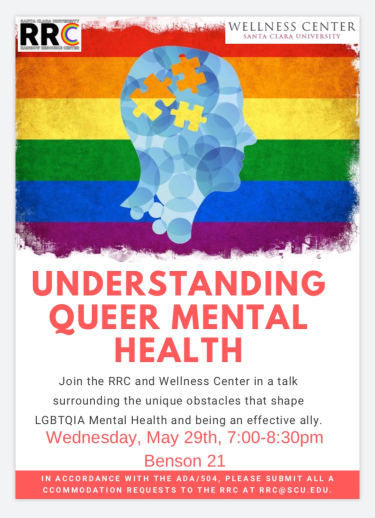 SCU_Wellness's tweet photo. TONIGHT! Join us and the @rrc_scu to talk about #queer mental health. FREE FOOD and great discussion! #MentalHealthAwarenessMonth #SCUCares #EndTheStigma https://t.co/FOTSMljiuh