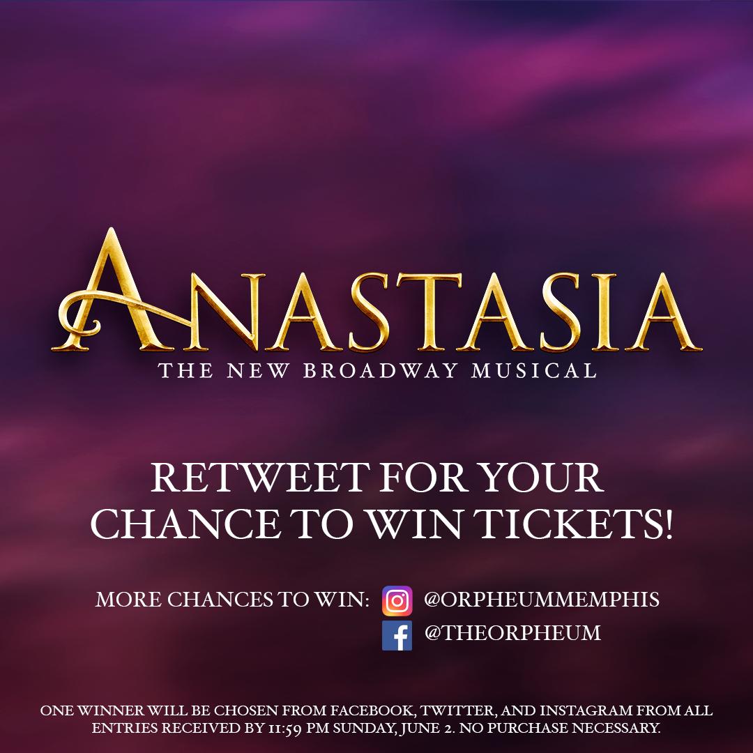 TheOrpheumTN's tweet photo. You’ve got “Everything to Win” when you enter to win two tickets to see Anastasia at the Orpheum Theatre on Tuesday, June 4! One winner will be chosen from Facebook, Twitter, and Instagram on Monday, June 3. Get more details here: https://t.co/VWHhgKWCYy https://t.co/1zkduoMyc5
