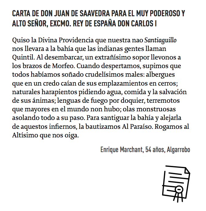 #cuentodeldía: "Carta de don Juan de Saavedra para el muy poderoso y alto señor, Excmo. Rey de España don Carlos I", publicado en el libro con los mejores 100 cuentos de la versión II de #valparaísoen100palabras