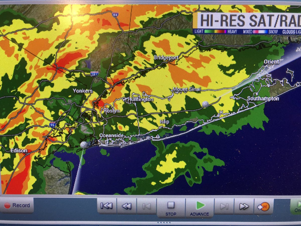 BKorbel12's tweet photo. Thunderstorms have arrived but the cool air over LI has weakened them and I do not see any strong winds.  Some small hail is possible. How are conditions where you are? https://t.co/n5VBeJwi85