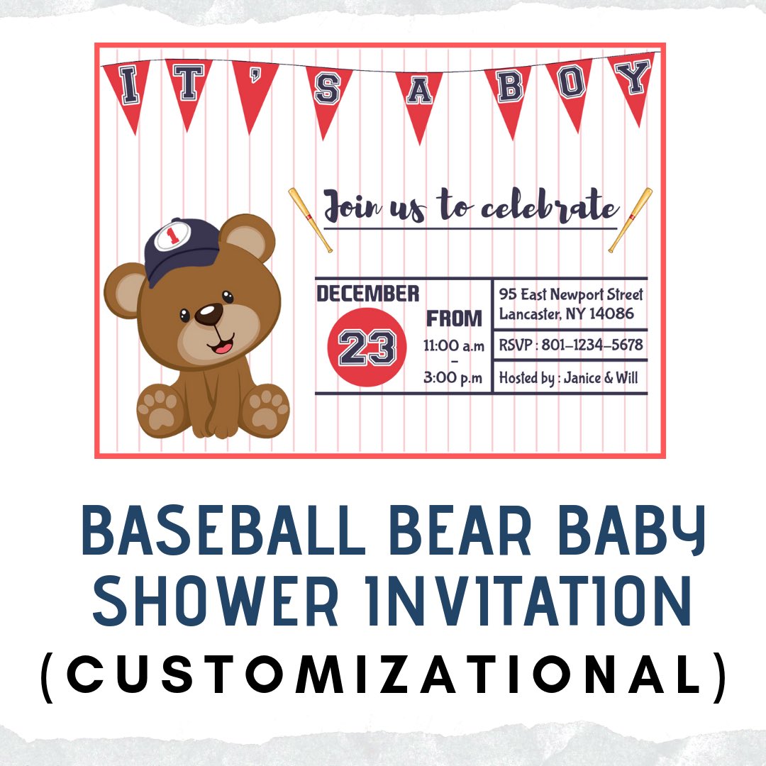 ItsAGGraphics's tweet image. Customizable Baseball Bear Baby Shower Invitation!! Now available on my etsy shop for just $5.00 ONLY!! Check out the link in my bio!!

Note: THIS IS A PRINT!! You will NOT receive any physical copy of a baby shower invitation. I am just customizing the print for you.