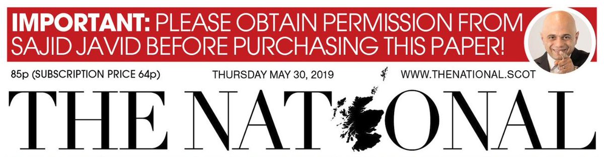 The National front page: "IMPORTANT: Please obtain permission from Sajid Javid before purchasing this paper!"