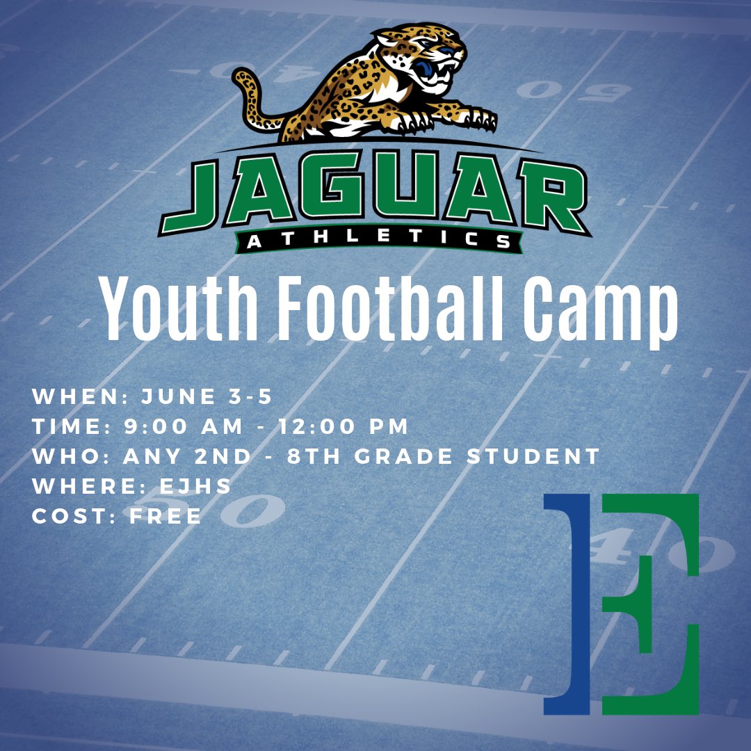 eastjagsFB's tweet photo. Make sure to come out next week (6/3-6/5) for the Jaguar Youth Football Camp! Registration is free & a T-shirt is included! #Jags #FutureJags #1East #GoBigE https://t.co/cYIJhaSbcy