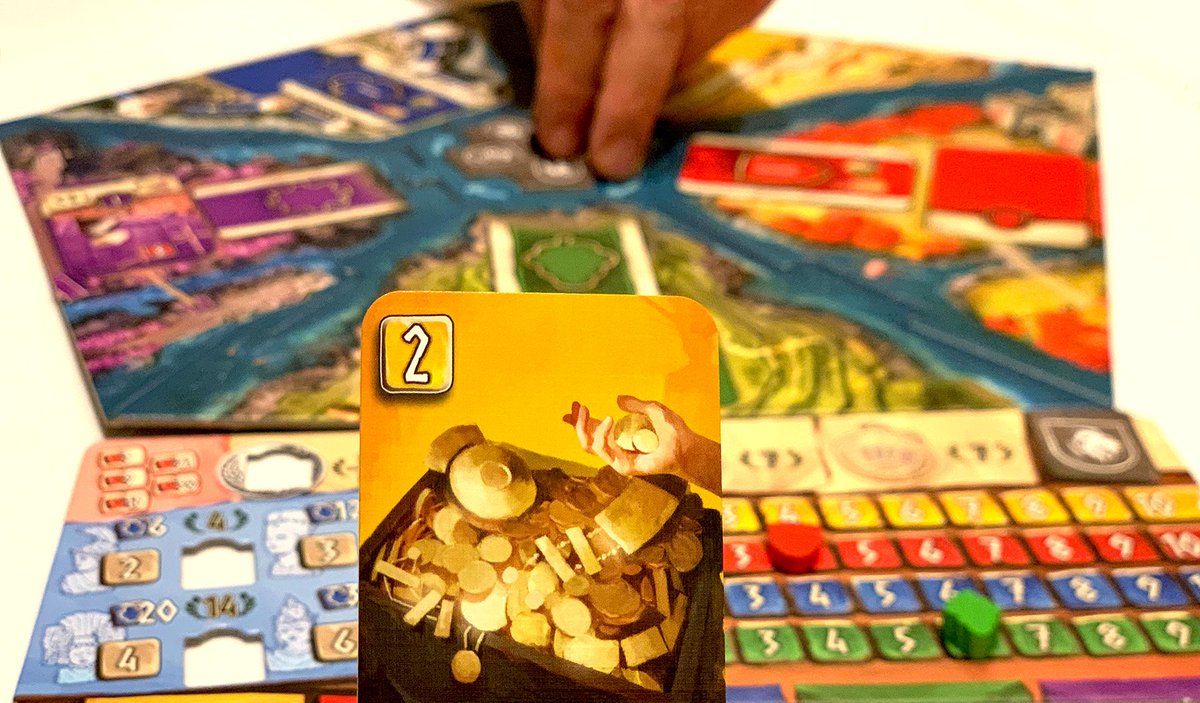 MeepleMaven's tweet photo. Played #Hadara w its #CardDrafting from 5 areas (hence the pentagon-shaped main board) to move markers up their tracks on the #PlayerBoards. This card causes an advance of +2 along the Income Track.🔶 There are also tracks for Military, Culture and Food. Plays in 3 quick epochs. https://t.co/XlHbwsCZuS