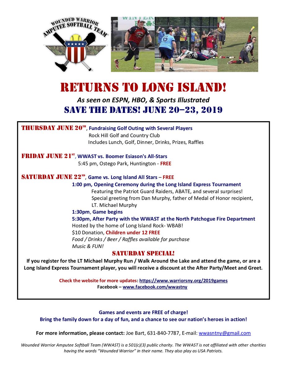 SuffolkHOF's tweet photo. The Suffolk Sports Hall of Fame is proud to sponsor and take part in the annual softball game coming up for the Wounded Warrior Amputee Softball Team! https://t.co/0G1Zc1klBQ