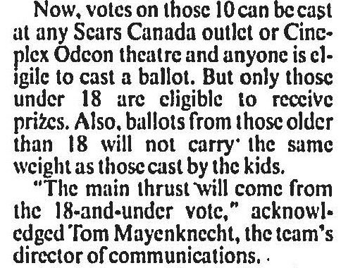 13. ...the actual voting process, however, was geared towards those under 18. Only they were eligible for prizes, and their ballots were more heavily weighted.Thus, Raptors and Dragons.