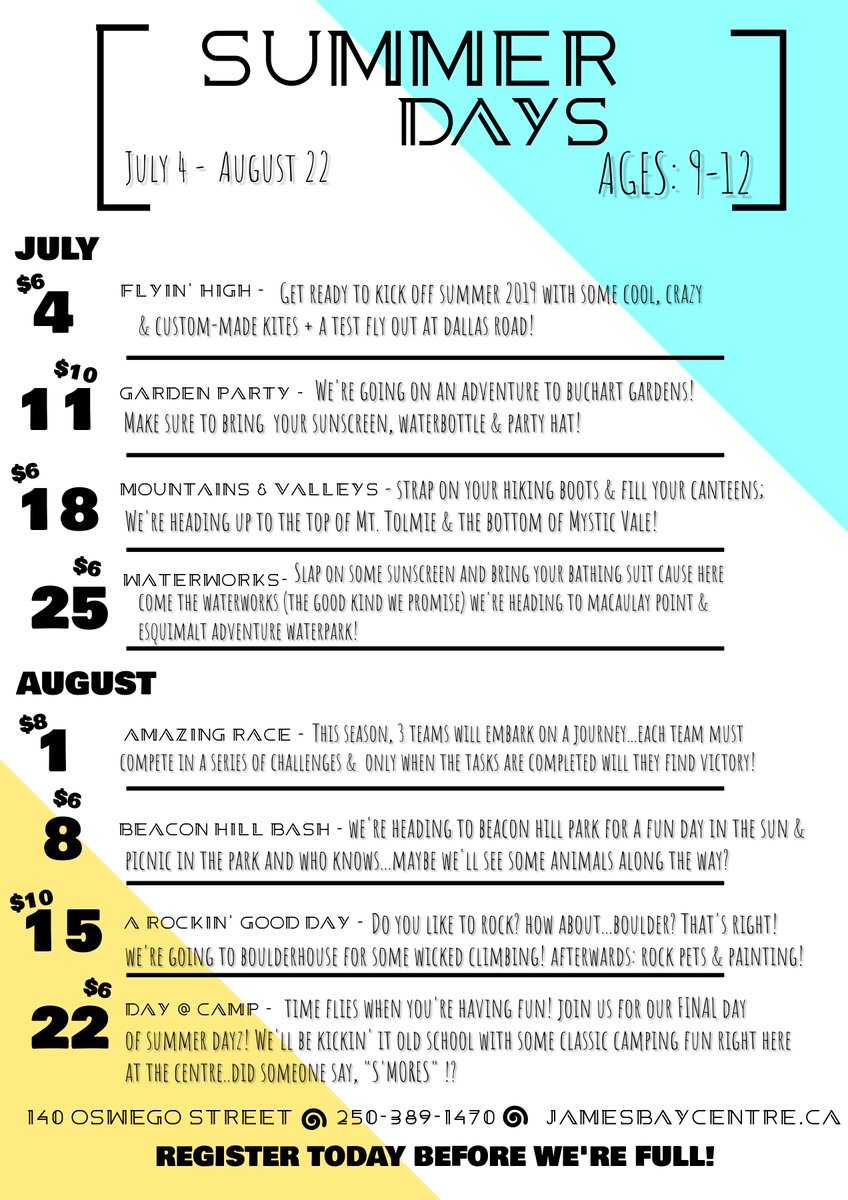 🌤 Our Summer Dayz Youth Program (age 9-12yrs) is open for registration as of Thursday, May 30th. Join us on adventures from 11-4pm every Thursday in July and August!
Call 250.389.1470 or stop by 140 Oswego Street to register- don't wait as spaces are limited.
#youth #adventure