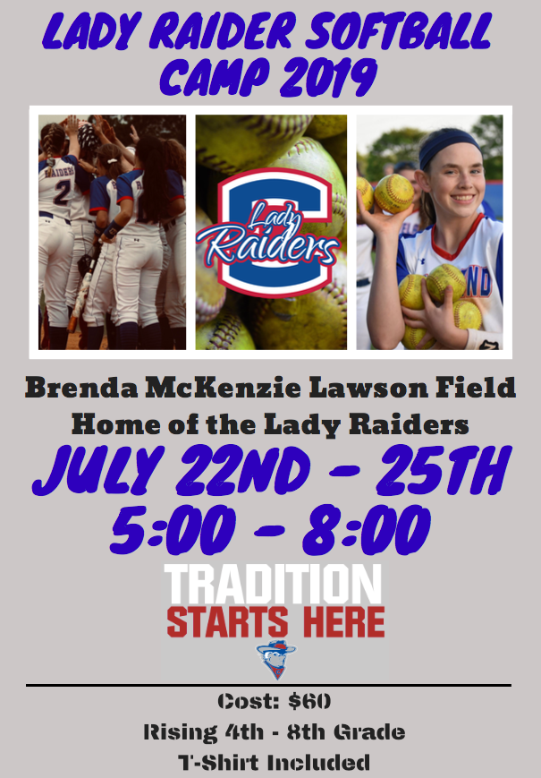 🥎🚨LADY RAIDER SOFTBALL CAMP 2019! 🚨🥎
📆July 22nd - 25th
⏰5:00 - 8:00
➡️Brenda McKenzie Lawson Field