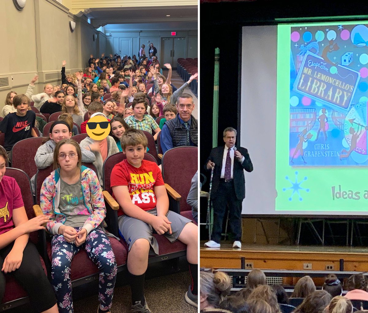 GreenfieldLMC's tweet photo. Greenfield 4th & 5th graders ❤️ Chris Grabenstein! @CGrabenstein Thank you @NorthshireToga for making this visit possible! #authorvisit #MrLemoncellosLibrary https://t.co/tfclmLWCNV