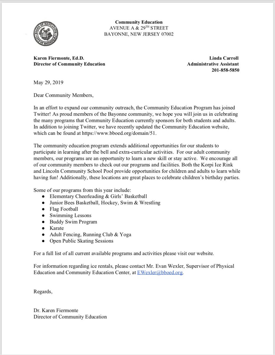 Community Education has officially joined Twitter! <a href="/BayonneBOE/">BayonneBOE</a> <a href="/CityofBayonne/">City of Bayonne</a> <a href="/BayonneHigh/">Bayonne High School</a> <a href="/TrusteeMunoz/">Christopher Munoz</a>