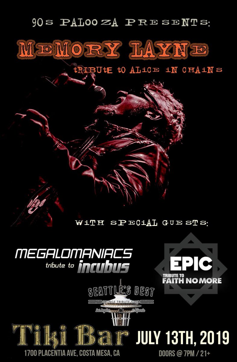 memory_layne's tweet photo. #magalomaniacs #memoryLayne #epic #seattlesbesttribute #tikibar July 13, 2019 7pm #90spalooza https://t.co/Mk7l2CJTM2