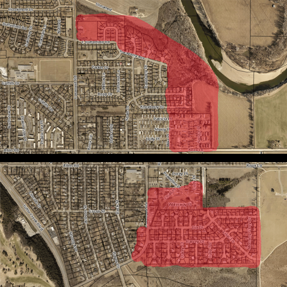 UpdatesFlood's tweet photo. If your home is located in the areas highlighted in red, you are in the Evacuation Advisory zone. Manhattan Fire Department is going door to door in these neighborhoods to notify residents of the situation. https://t.co/DCyRqw2hRH