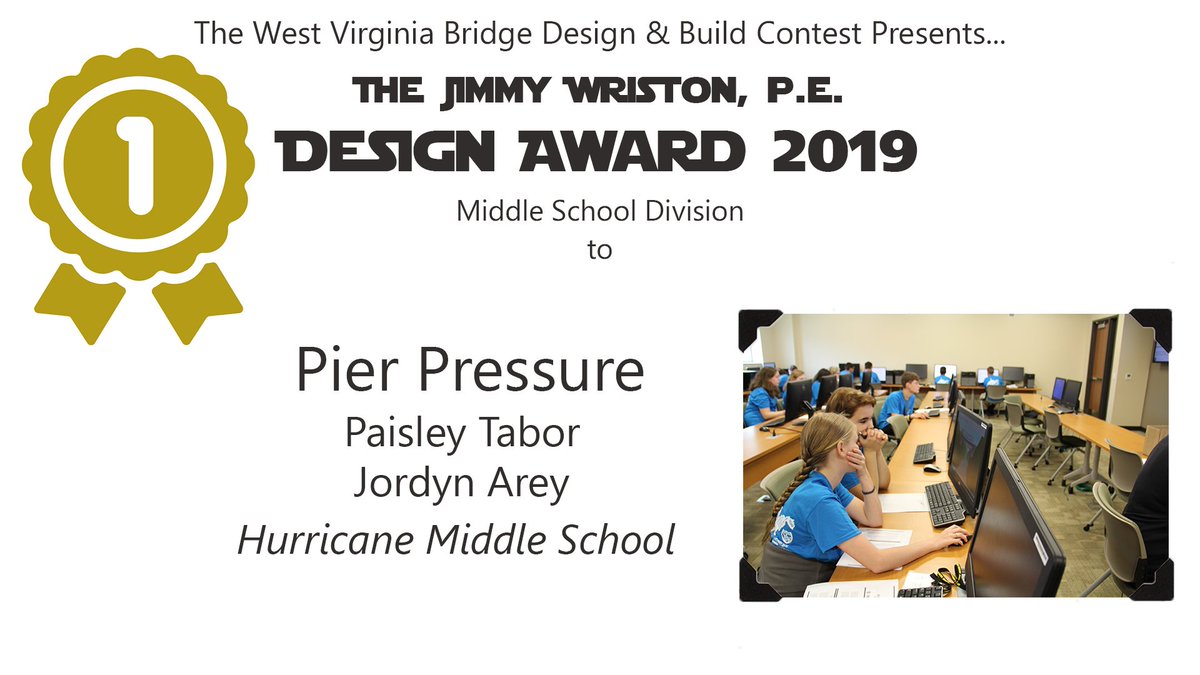 WVBDB's tweet photo. Congratulations to Pier Pressure (Paisley Tabor and Jordyn Arey) from Hurricane Middle School from @PutnamWVSchools for placing 1st in the Design Award (Middle School Division) in the 2019 West Virginia Bridge Design &amp; Build Contest! https://t.co/1wtkHaw5wQ