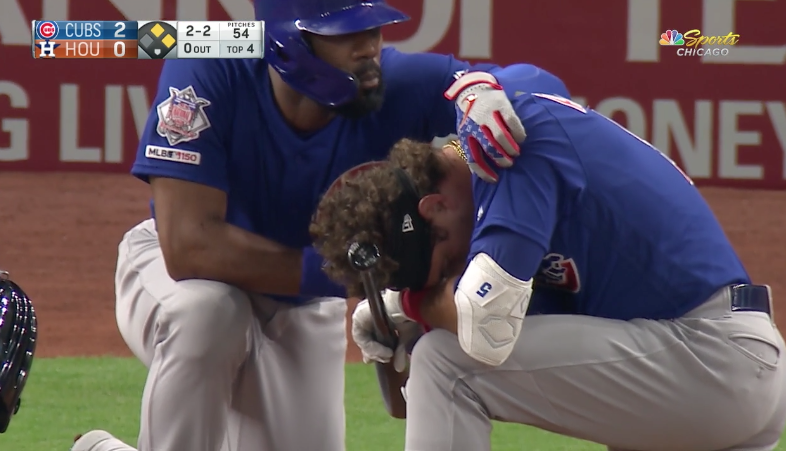 AldoSoto21's tweet photo. Almora crying after a foul ball hit a fan behind the Cubs dugout. Absolutely brutal. Several players also in shock. https://t.co/u4ogSF23gi