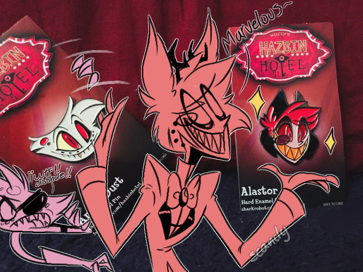 ScandyEevee's tweet photo. FINALLY they arrived!! such a good quality! beautiful! I love both! (don't pay attention to #Alastor), here a nyooom doodle!.
#HazbinHotel #AngelDust #SharkRobotStore #VivziePop https://t.co/TTUGzU0WHj