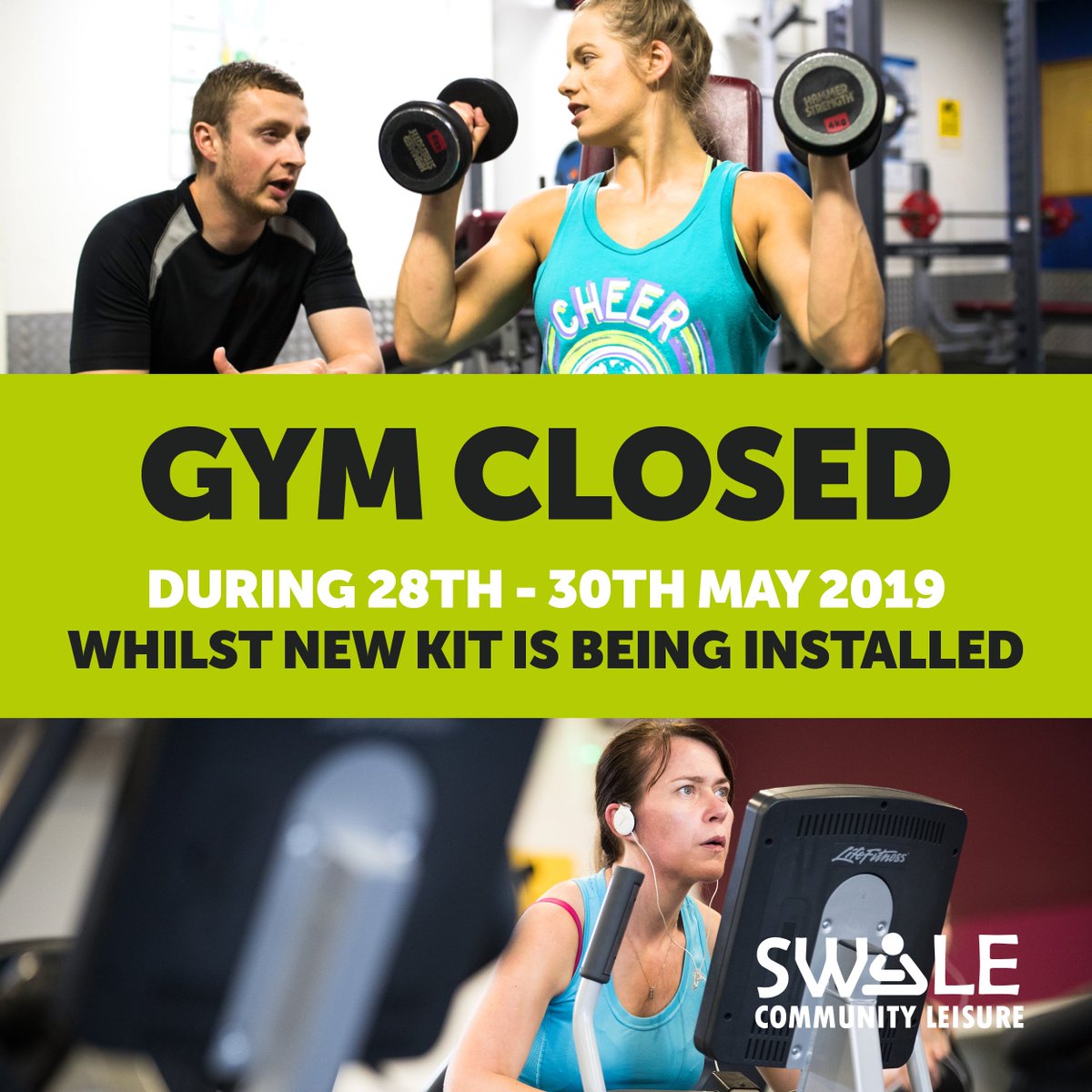 GymInSwale's tweet photo. Don't forget the gym areas are closed for the installation of all your brand new equipment - we open again on Friday. https://t.co/ikNPUgoulB