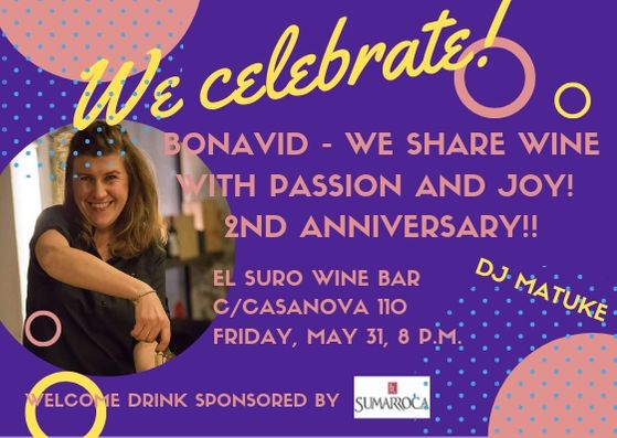 #SaveTheDate we celebrate the anniversary of #BonaVid🎂🍾🍾🎉
2 years sharing passion, wine, joy &amp; great times on our #winetastings &amp; #winetrips!!🍇

📅Friday May 31
📍@el_suro_bcn c/Casanova 110

All are invited to rise the glass &amp; share the joy!! 🥂💜🍷🤩