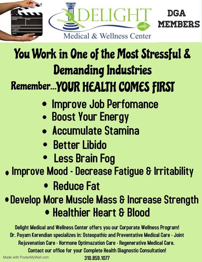 DelightMedical's tweet photo. Are You a member of Directors Guild of America? Are you tired of traditional medical care? Joint pain? Andropause? Fatigue? Unproductive at work? Delight Medical &amp; Wellness Center is offering their Corporate Wellness Plans to Members of DGA starting May 1
#DirectorsGuildOfAmerica https://t.co/rTSWViWL7D
