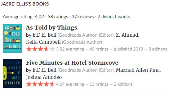 A screenshot of author Jasre Ellis's goodread's page listing the two anthologies they have had short stories featured in, titled As Told By Things and Five Minutes at Hotel Stormcove