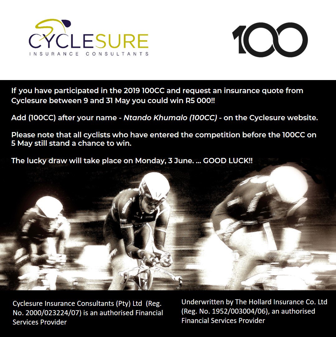 ANYONE who has done the 100CC and  request a bicycle and accessories insurance quote at cyclesure.co.za between today and tomorrow midnight stand a chance to win.
<a href="/Cyclesure/">Cyclesure</a> 
#SweatTheSunday #100InMay