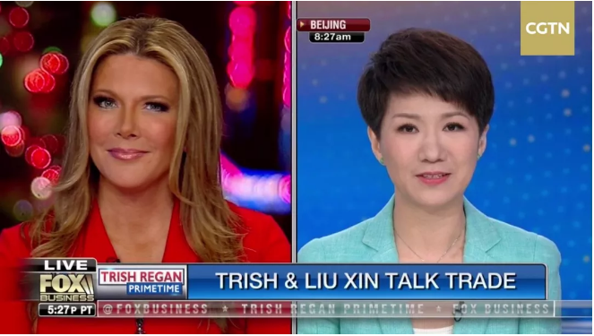 La présentatrice de #CGTN , #liuXin , a rejoint l'animatrice de #FoxBusiness  Network, #TrishReganPrimetime @trish_regan, pour un duplex lors de son émission en prime time afin de discuter en direct sur les questions commerciales entre la Chine et les États-Unis.