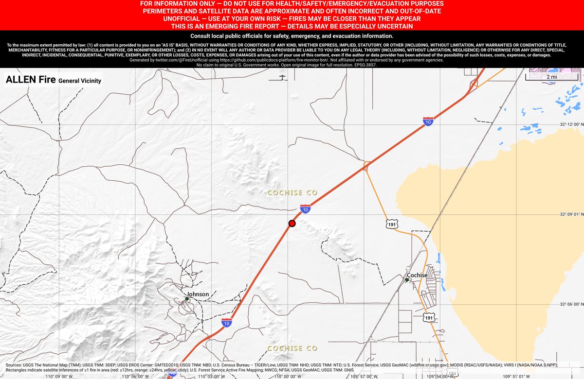SWFireBot's tweet image. #AllenFire 🔥 discovered May 30, 2019, 1:59 AM UTC - unofficial report.
#CochiseCounty @AZStateForestry; ~8mi NNE of Dragoon, AZ. ~51mi E of Tucson, AZ. See officials for safety info. May be incorrect; disclaimers in images.