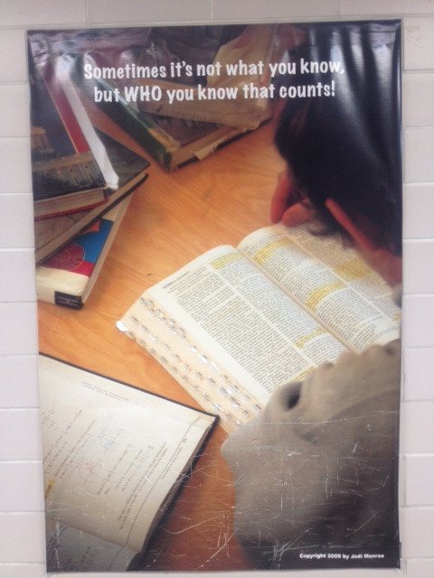 covenantbird's tweet photo. Ready for #acmsconference at IWU. At I high school I was at recently I saw this poster on the wall outside an art classroom. The pic caught my eye w/ the maths book in the bottom left and Scriptures in the center. "Sometimes it's not what you know but WHO you know that counts!" https://t.co/tQTmRzMIyn