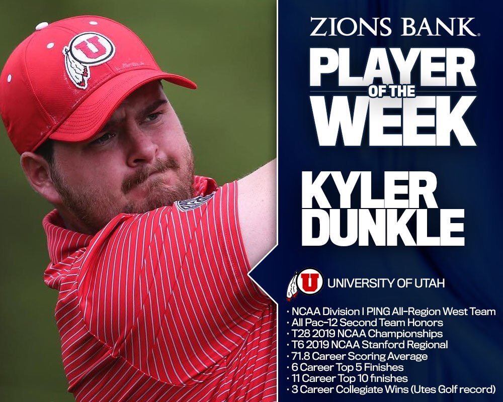 FairwaysMedia's tweet photo. Quite the season and college career for Kyler Dunkle. The @UtesGolf senior finished his college career by placing his name on Utes Golf record books with some NCAA post season honors. Dunkle can now add @ZionsBank Player of the Week to his growing list #utahgolf accomplishments. https://t.co/aSNKUSW4Cb