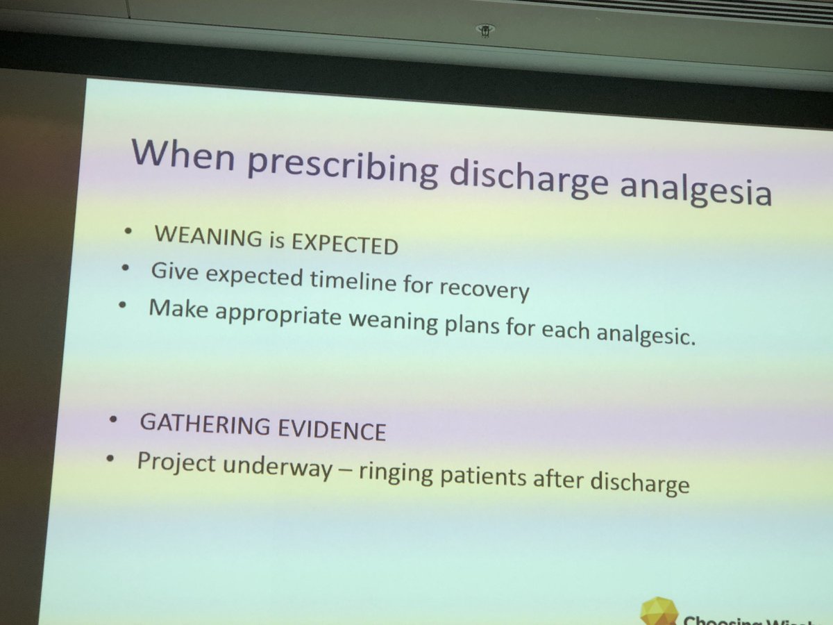 mariemcinerney's tweet photo. Hearing re St Charles Gairdner project to tailor use of opioids on discharge from hospital: interesting that only 16 pc of patients given less than PBS quantity - “everybody gets a box of this, a box of that”. They’re now requiring a ‘weaning plan’ for all discharges #OkToAsk2019 https://t.co/Ol6gXnnJ4N