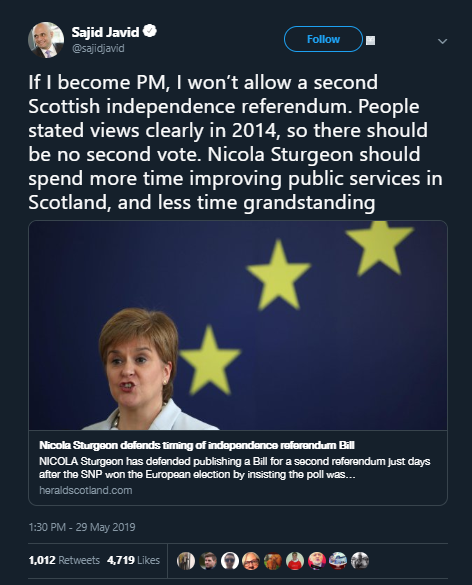 Peter__A__Bell's tweet photo. This fine example of British Nationalist arrogance nicely illustrates why we need #ScotRef2019 an #NoSection30. Whoever the Tories anoint as the new British Prime Minister they will use Scotland to demonstrate how 'tough' they are and to distract from #Brexit. https://t.co/79POUUh2He