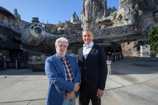 George Lucas with Bob Iger at Disneyland's Galaxy's Edge