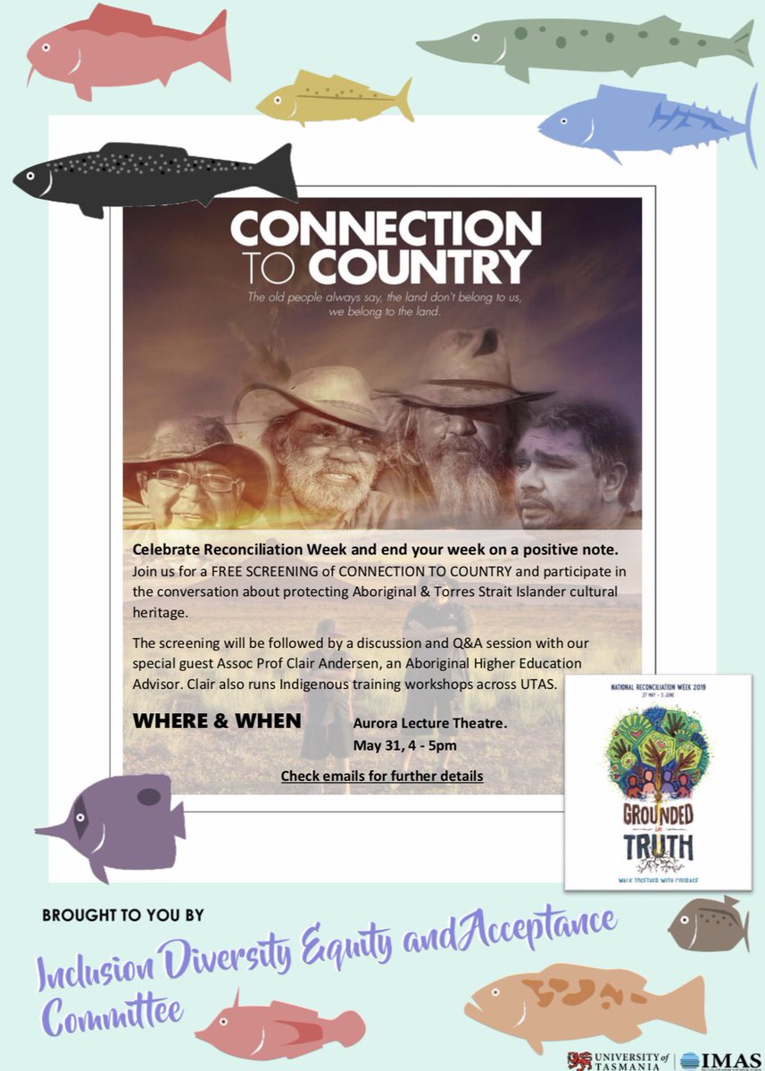 All welcome to the screening of ‘Connection To Country’ for #ReconciliationWeek 
@IMASUTAS Salamanca 
Aurora Lecture theatre 
4pm Friday 31 May
#reconciliationmatters #IMASIDEA