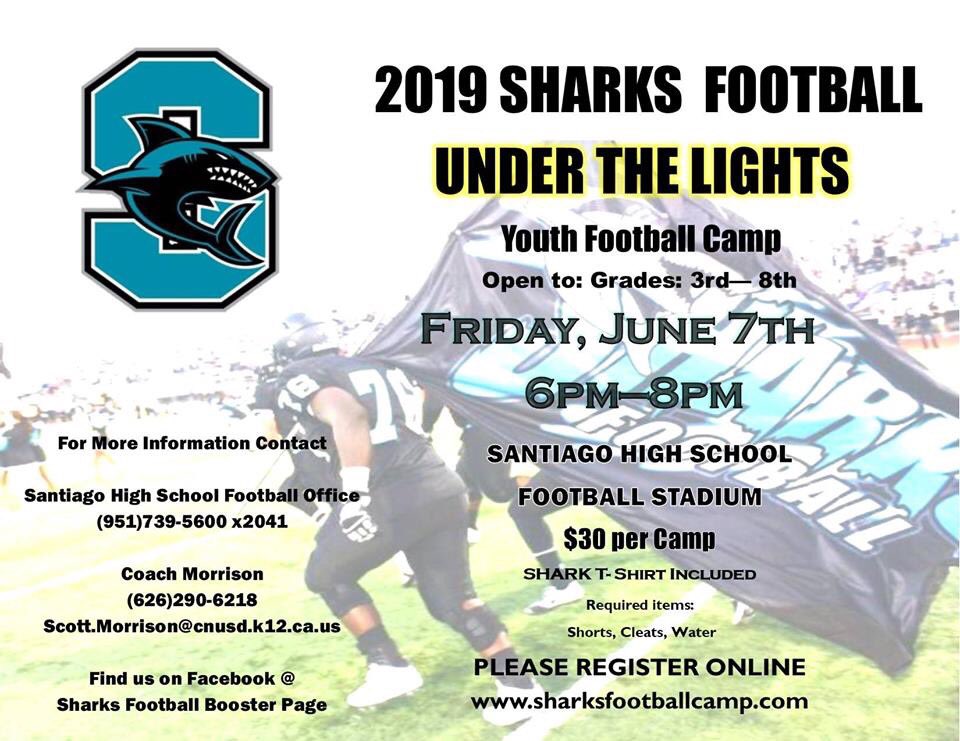 Sharksboosters's tweet photo. Santiago Youth Football Camp is a week away...... who’s coming? https://t.co/9EUNzFAUWn @SharkAthletics @ScottWMorrison @SantiagoSharks https://t.co/GUgIqx69iM