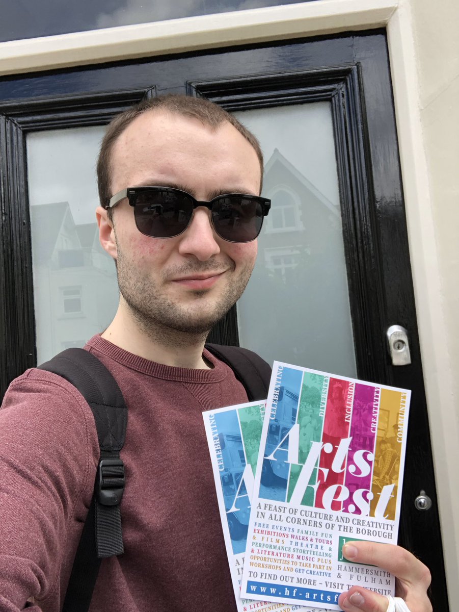 Danbo12's tweet photo. So Hammersmith Council asked me to host their upcoming arts festival featuring arts performances from disabled folk in the Borough but sadly I can’t make it due to other commitments. Was of course still keen to do my bit to help so here I am posting flyers! #PostmanDan #PaperBoy https://t.co/2K0pHSUaXj