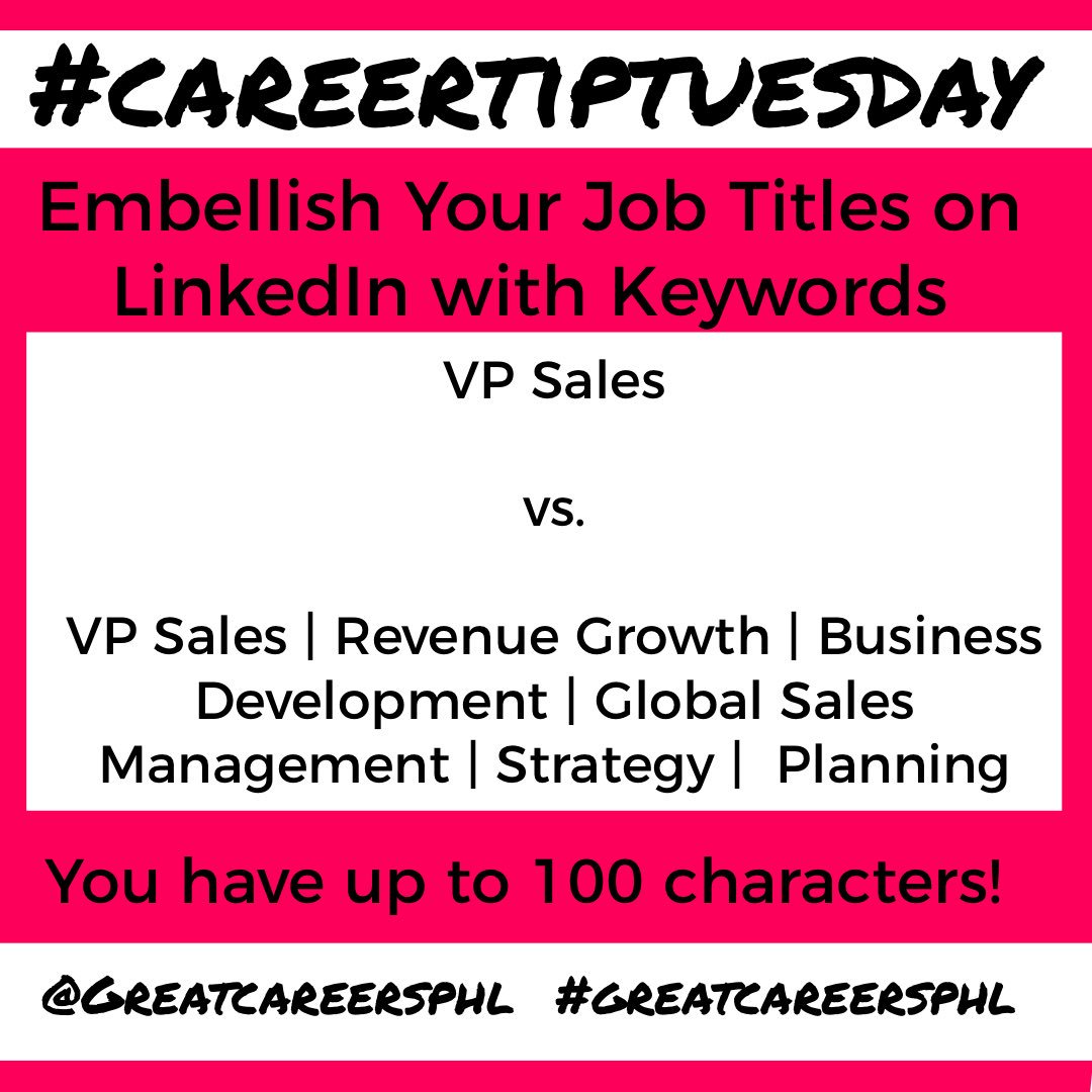 GreatCareersPHL's tweet image. Here it is! #CareerTipTuesday - Instead of just using the title you have or had at a company, why not embellish each one by adding keywords up to 100 characters? This works for employed, self-employed, &amp;amp; unemployed. #GreatCareersPHL 
#LinkedInHack  #LinkedInProfile #LinkedInTip