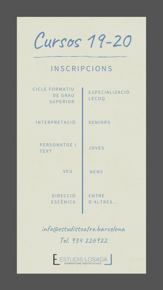 Quins cursos tenim disponibles per al curs escolar 2019-2020?

Les inscripcions ja estàn obertes, Apunta't!

🔽 Per més informació 🔽

estudisteatre.barcelona