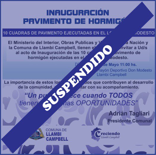 LlambiDe's tweet photo. Debido al mal tiempo, el acto inauguración de las 10 cuadras de pavimento queda suspendido. Dia y hora a confirmar. https://t.co/BWck0SSzNE