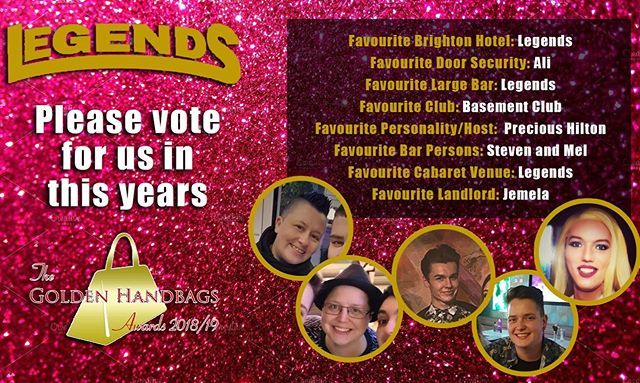 Don’t forget to vote for us in the Golden Handbag awards! #legends #legendsbrighton #instagay #gay #gayuk #lesbian #trans #lgbt #goldenhandbags #goldenhandbagawards2019 #bestbar #bestclub #besthotel #votes #voteforus #share bit.ly/2wueXku