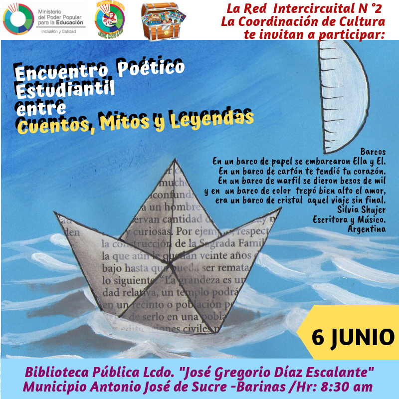 ENCUENTRO POÉTICO ESTUDIANTIL #CUENTOSMITOSYLEYENDAS
@mirlaca0270 @culturatotlzedc @CulturaZEBnas @MPPEDUCACION @zebredajdsucre @dgcdanza @marthagamboaD @psuvaristobulo