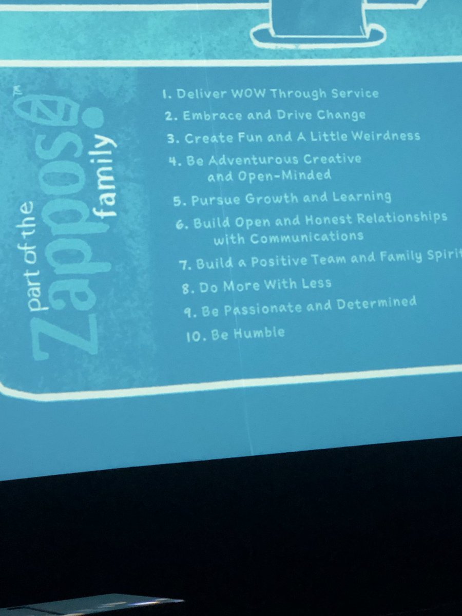 The principles that <a href="/Zappos/">Zappos.com</a> follows to build great culture. Deliver wow thru service. Be humble and more. #digitalk2019