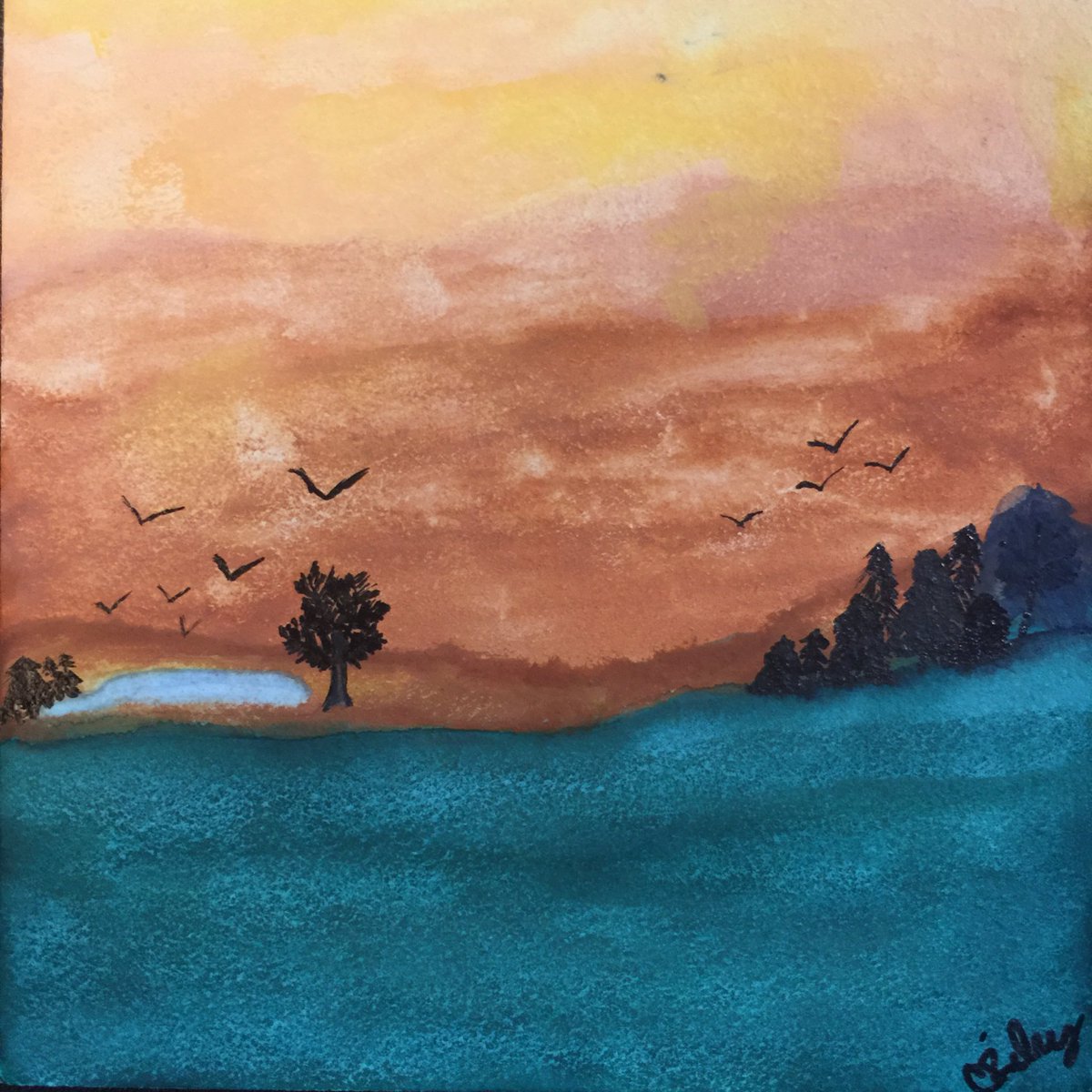 EmoKitty196's tweet image. Did a little unboxing of my second #sketchbox tonight on stream and painted this little doodle! Paint has always scared me but, almost 4 hours later, I’m so proud of how this turned out! #watercolor #painting #landscape #sunset