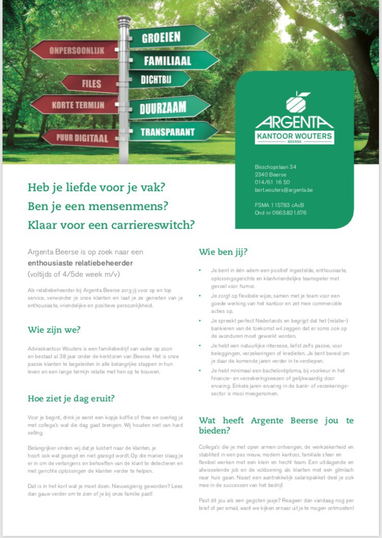 Bert_W_'s tweet photo. #vacature #beerse #argenta #beleggingen #kredieten #adviseur https://t.co/hr2QJKqjmr