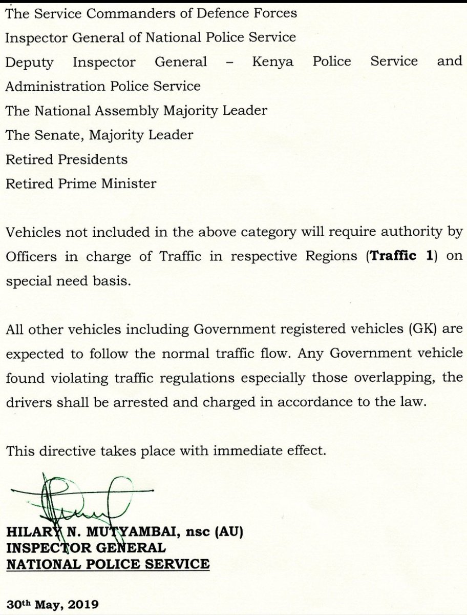 NTSATRAFFIC's tweet photo. Directive on road clearance to VIPs.

Any Government vehicle found violating traffic regulations especially those overlapping, the driver shall be arrested and charged in accordance to the law.

The directive takes place with immediate effect. https://t.co/t8Bs4gf5Fk