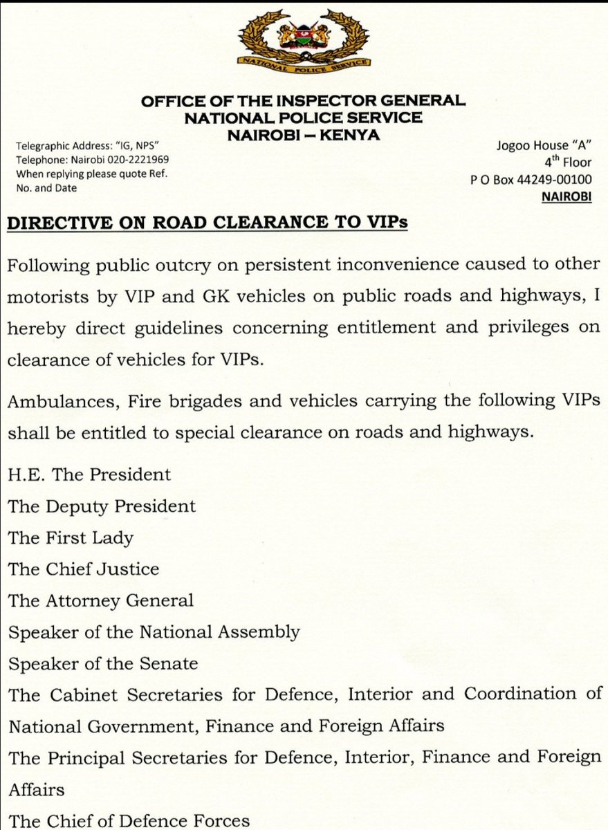 NTSATRAFFIC's tweet photo. Directive on road clearance to VIPs.

Any Government vehicle found violating traffic regulations especially those overlapping, the driver shall be arrested and charged in accordance to the law.

The directive takes place with immediate effect. https://t.co/t8Bs4gf5Fk